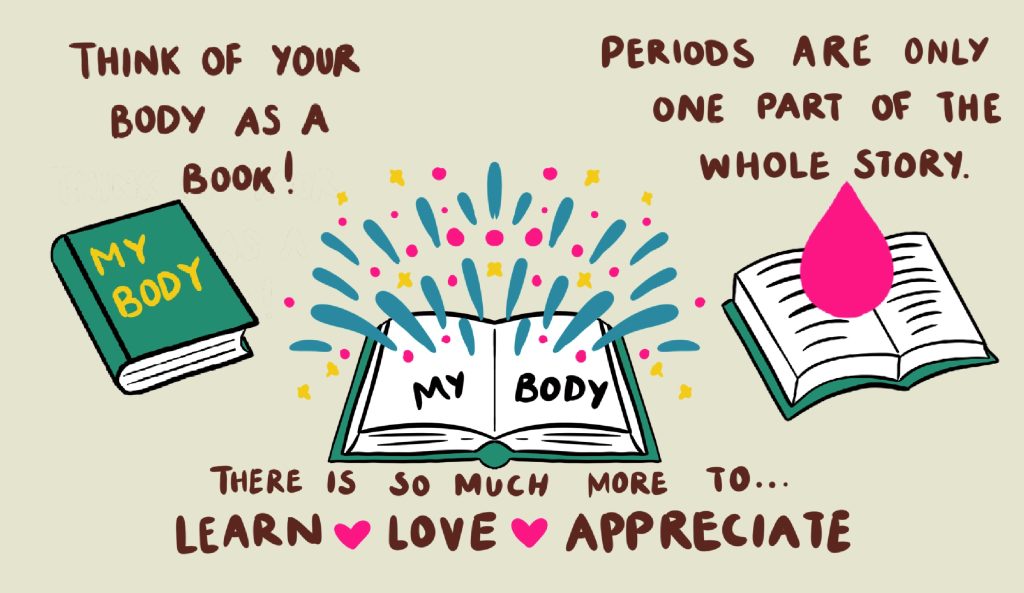 illustration of a book saying my body is a book and learn love appreciate my body
